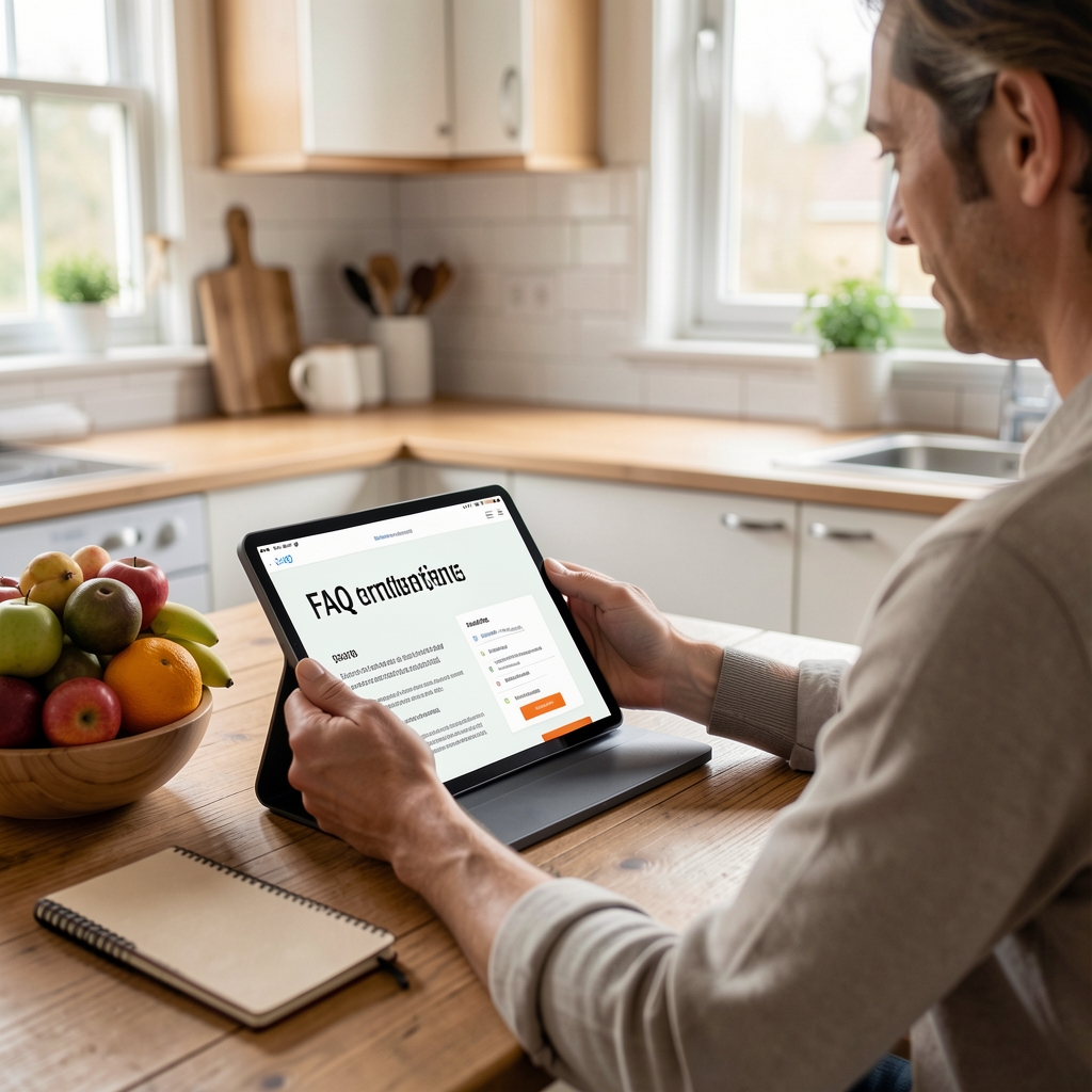 Person læser FAQ om ernæring på tablet ved køkkenbord med frugt og notesbog