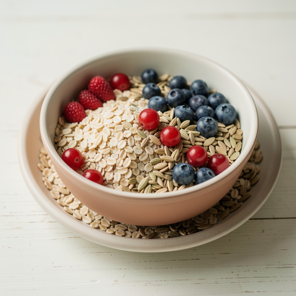Farverig skål med havre, bær, frø og naturlige kostfibre på lyst bord