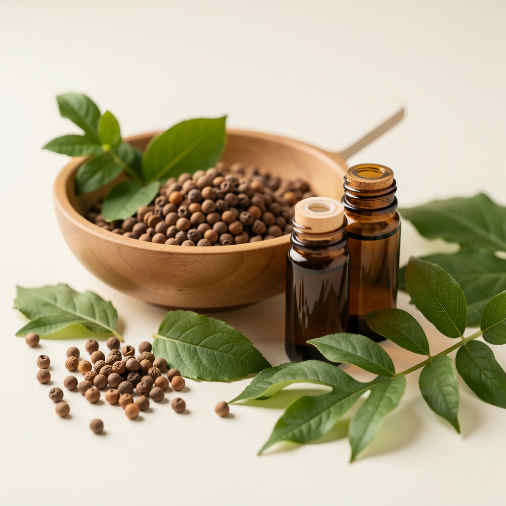 Naturlige ingredienser og ekstrakter på lys overflade med skål, frø og grønne blade