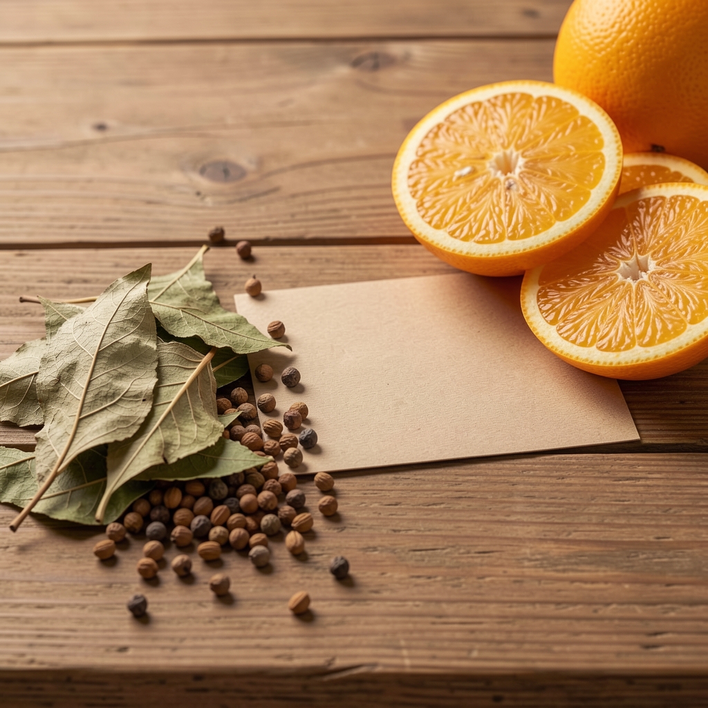Rå naturlige ingredienser som tørrede blade, frø og citrusstykker ved siden af etiketkort