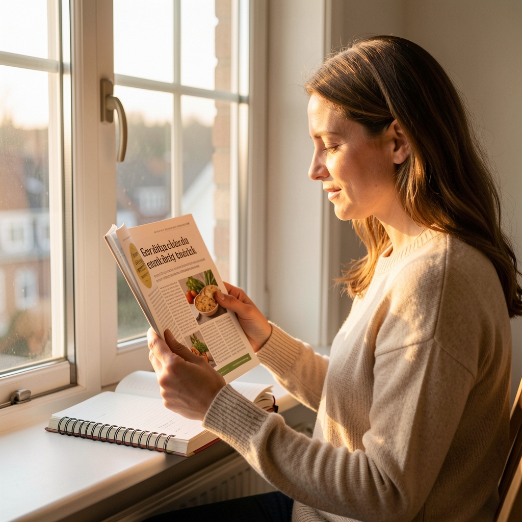 Person læser dansk ernæringsartikel ved vindue med morgenlys og notesbog
